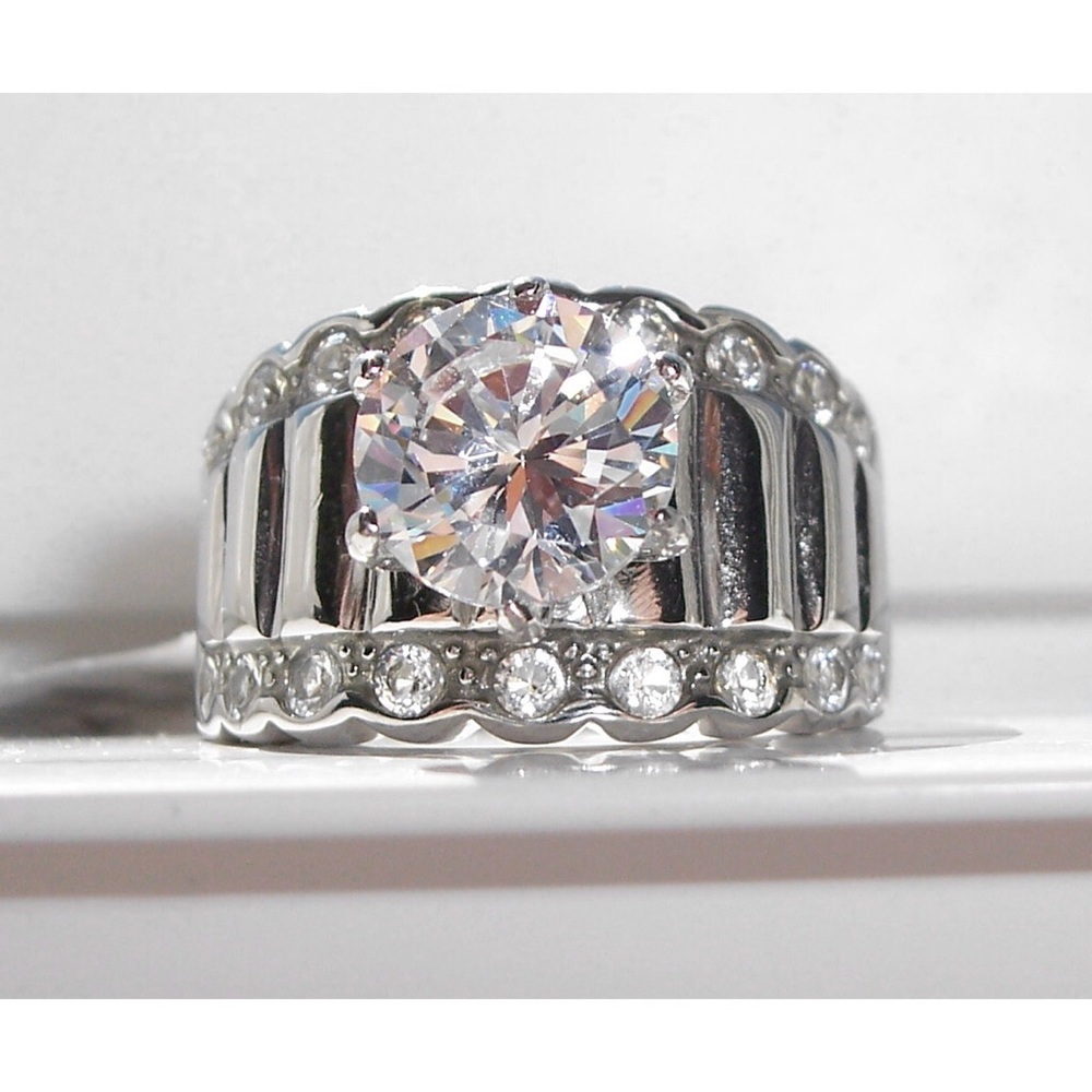 STAINLESS STEEL Round Cut Cubic Zirconia Wide Band Ring - Picture 2 of 16
